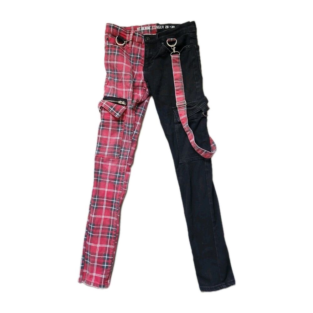 HT Denim Stinger Split Plaid Jeans 28x30 Punk Goth Strap Cargo Skinny Pants GUC